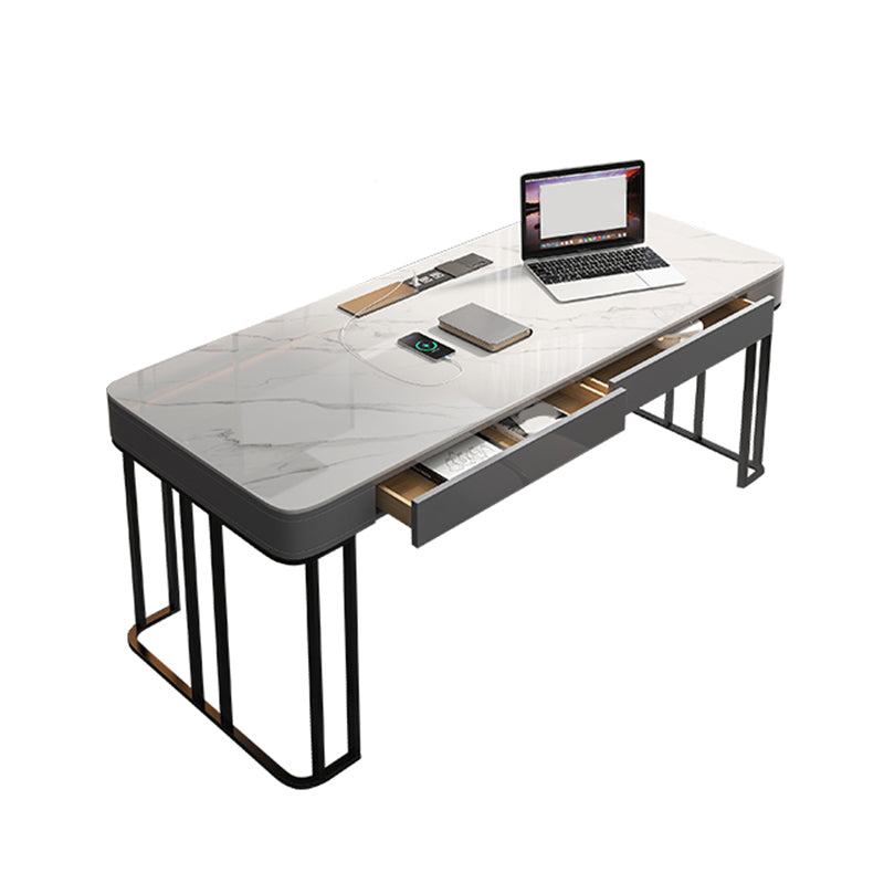 Modern Stone Office Desk Rectangular Shape Task Desk with 2-Drawers in Grey