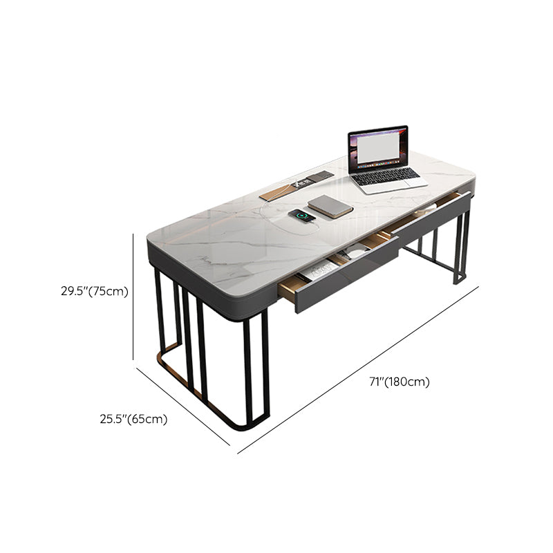 Modern Stone Office Desk Rectangular Shape Task Desk with 2-Drawers in Grey