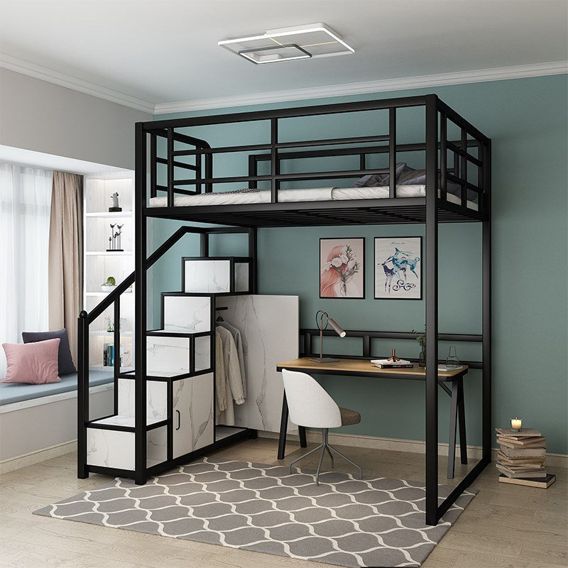 Industrial Metal Loft Bed with Storage Staircase Loft Bed in Black/White