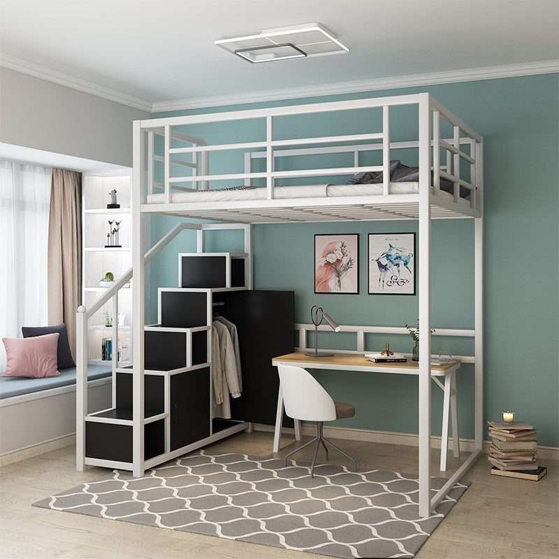 Industrial Metal Loft Bed with Storage Staircase Loft Bed in Black/White