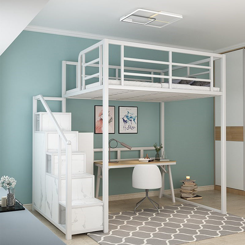 Industrial Metal Loft Bed with Storage Staircase Loft Bed in Black/White