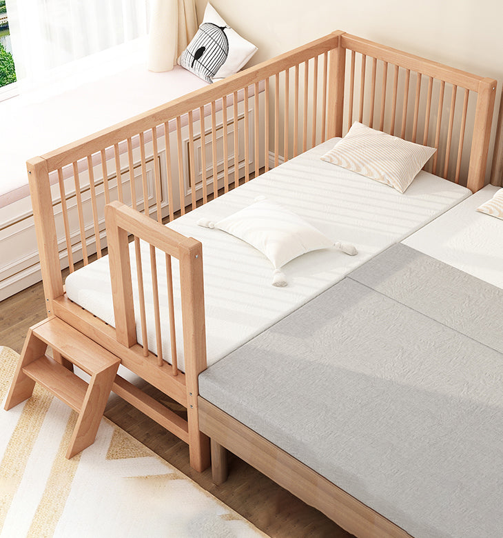 Natural Beech Panel Bed Solid Wood Standard Bed with Guardrails