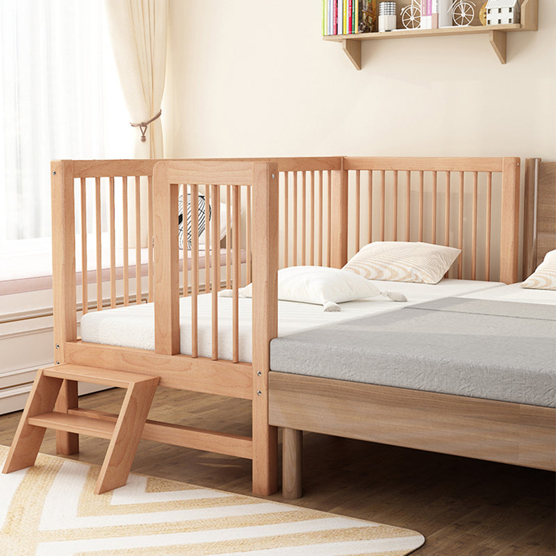 Natural Beech Panel Bed Solid Wood Standard Bed with Guardrails