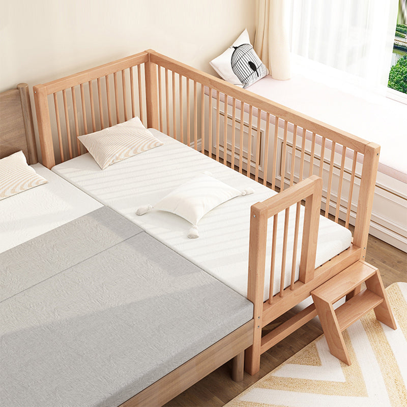 Natural Beech Panel Bed Solid Wood Standard Bed with Guardrails