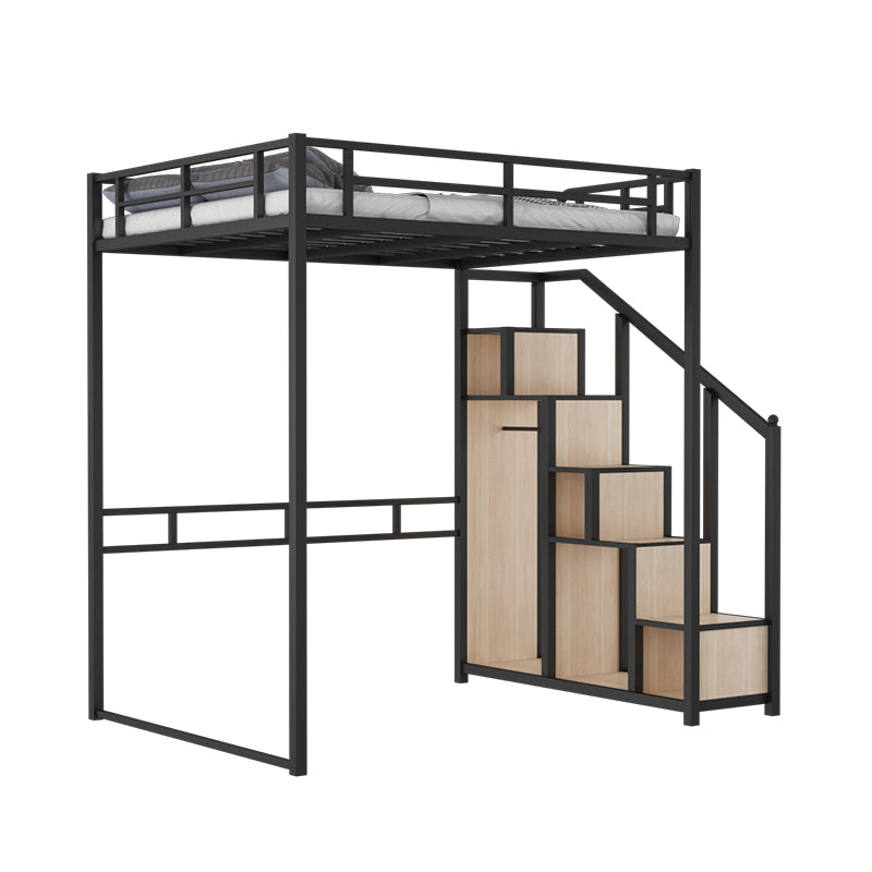 Metal Loft Bed Natural Storage Kids Bed with Guardrails and Shelves