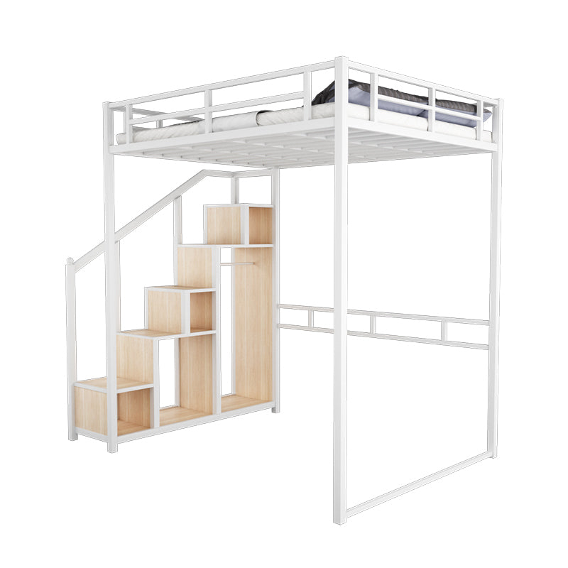 Metal Loft Bed Natural Storage Kids Bed with Guardrails and Shelves