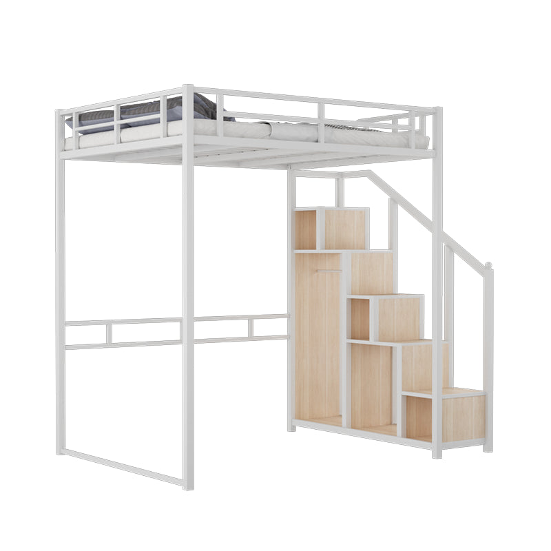 Metal Loft Bed Natural Storage Kids Bed with Guardrails and Shelves