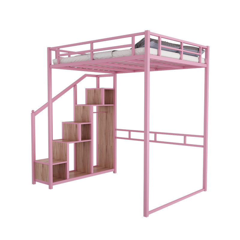 Metal Loft Bed Natural Storage Kids Bed with Guardrails and Shelves