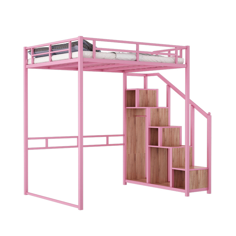 Metal Loft Bed Natural Storage Kids Bed with Guardrails and Shelves