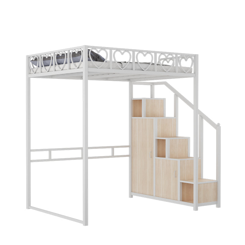 Metal Loft Bed Natural Storage Kids Bed with Guardrails and Shelves