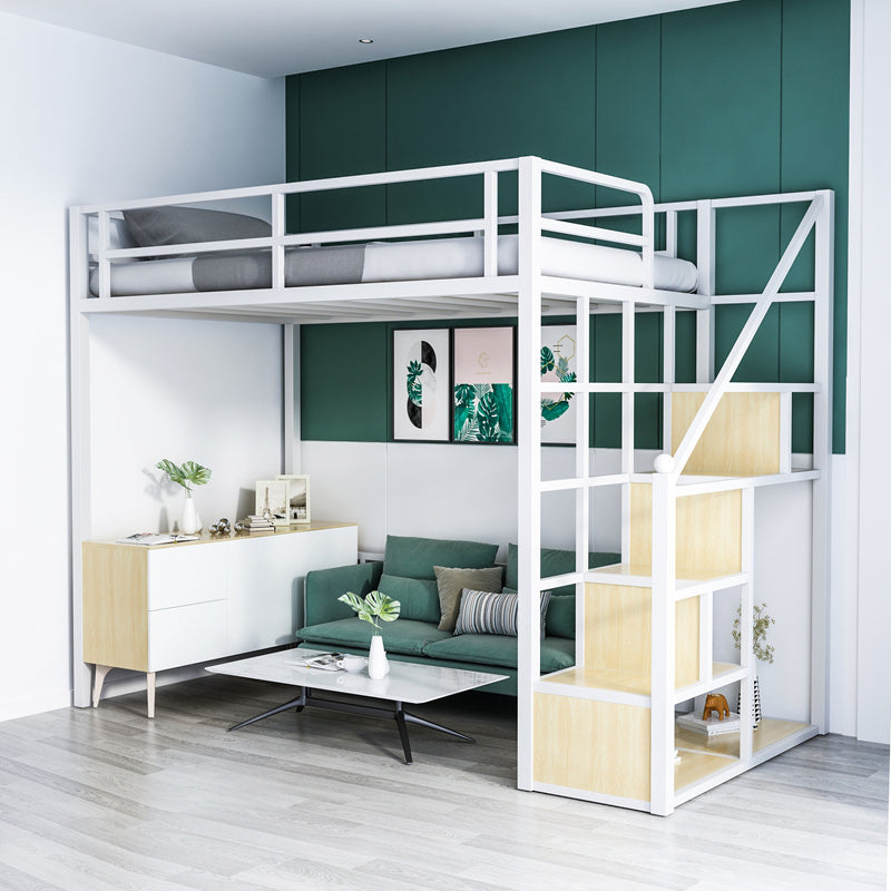 White/Black Loft Bed Industrial Metal Kids Bed with Guardrail