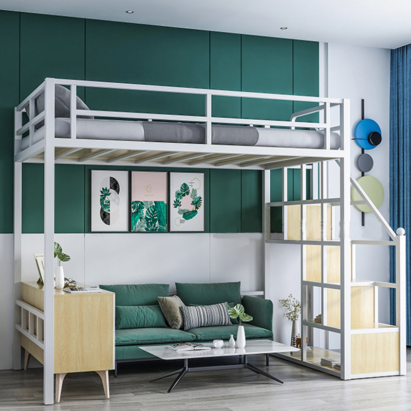 White/Black Loft Bed Industrial Metal Kids Bed with Guardrail