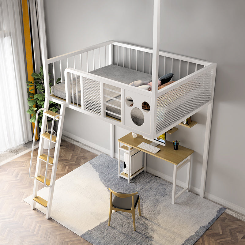 Open Frame Metal Bed Nordic Iron High Loft Bed with Built-In Ladder