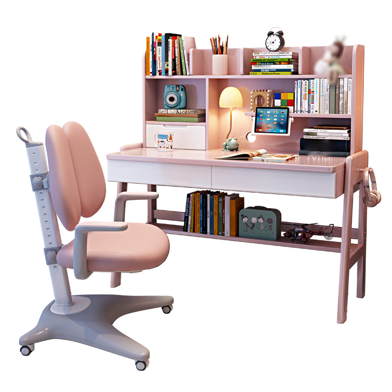 Rubber Wood Adjustable Student Desk with 3 Drawers and Storage Shelves