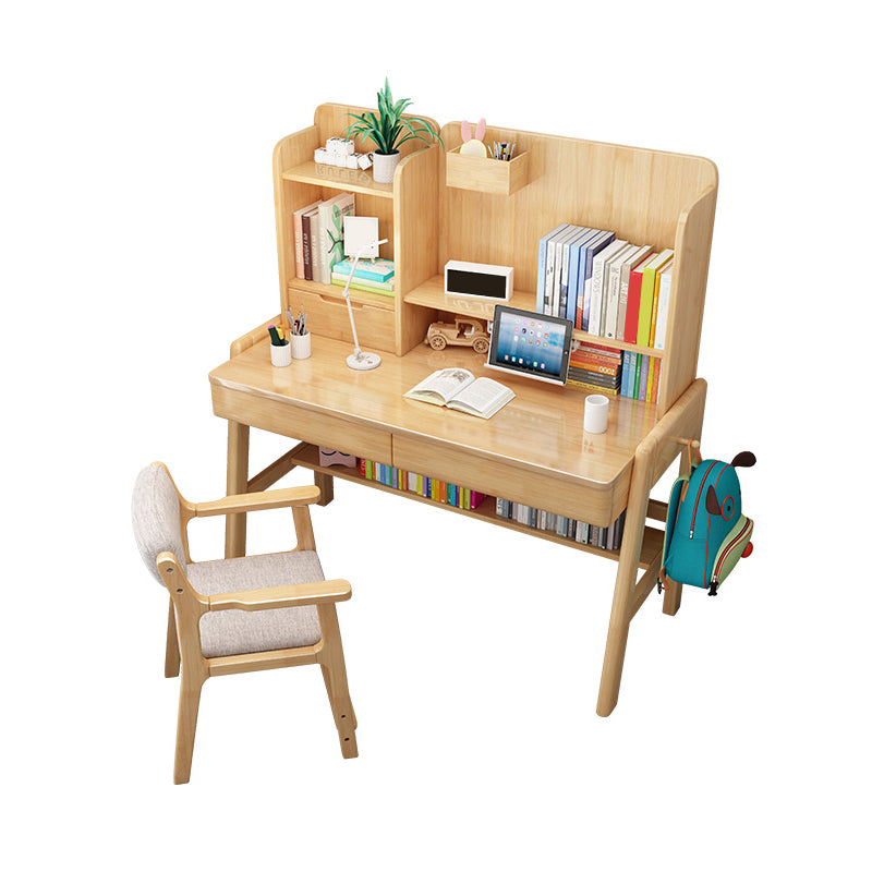 Solid Wood Student Table Desk with Drawer with Storage Shelves Multifunctional Lifting