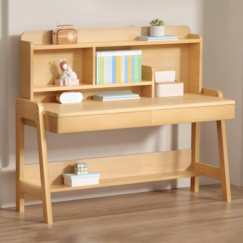 Natural Rubber Wood Children's Desk with Shelves and Drawers