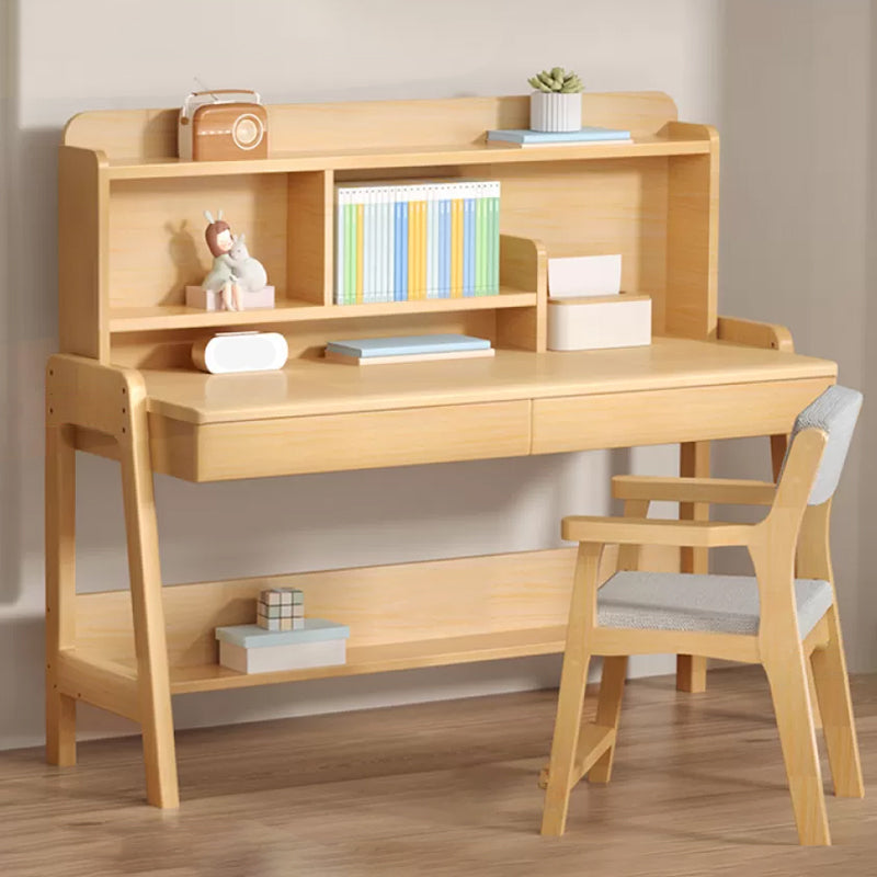 Natural Rubber Wood Children's Desk with Shelves and Drawers