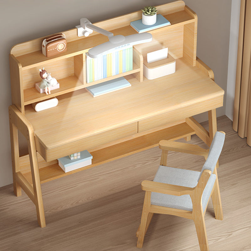 Natural Rubber Wood Children's Desk with Shelves and Drawers