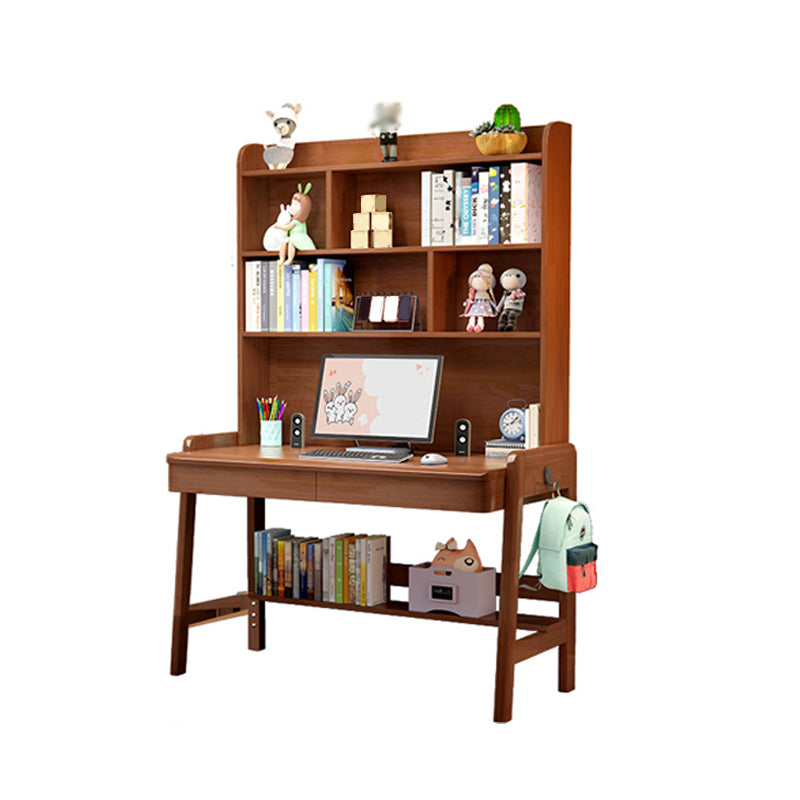 Solid Wood Home Study Desk with Storage Drawer with Bookshelf Adjustable