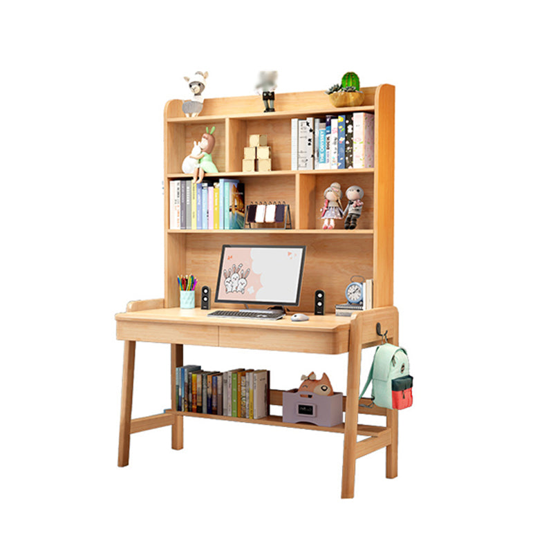 Solid Wood Home Study Desk with Storage Drawer with Bookshelf Adjustable