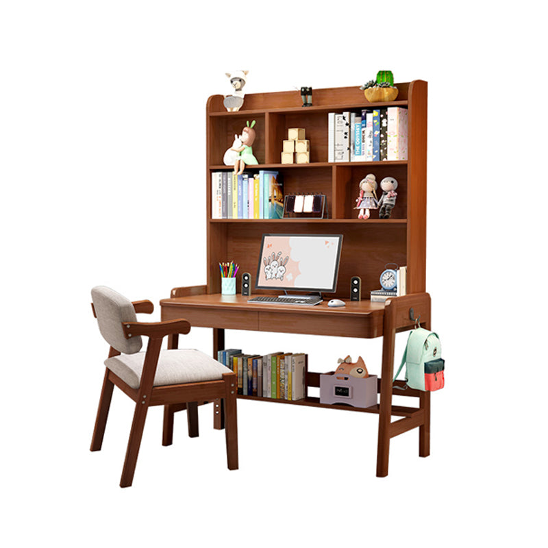 Solid Wood Home Study Desk with Storage Drawer with Bookshelf Adjustable