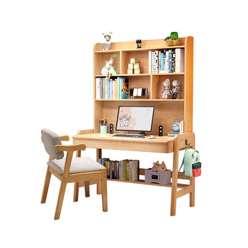 Solid Wood Home Study Desk with Storage Drawer with Bookshelf Adjustable