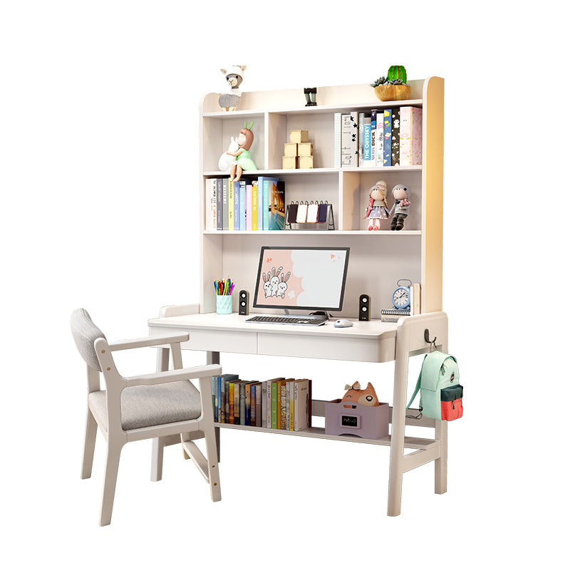 Solid Wood Home Study Desk with Storage Drawer with Bookshelf Adjustable