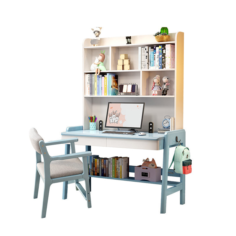 Solid Wood Home Study Desk with Storage Drawer with Bookshelf Adjustable