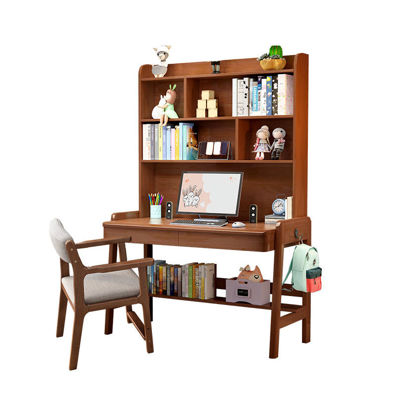 Solid Wood Home Study Desk with Storage Drawer with Bookshelf Adjustable