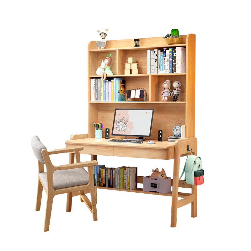 Solid Wood Home Study Desk with Storage Drawer with Bookshelf Adjustable