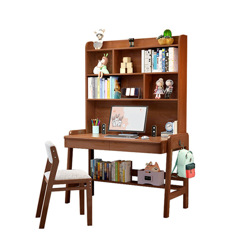 Solid Wood Home Study Desk with Storage Drawer with Bookshelf Adjustable