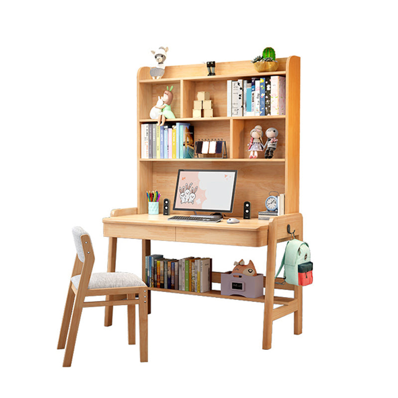 Solid Wood Home Study Desk with Storage Drawer with Bookshelf Adjustable