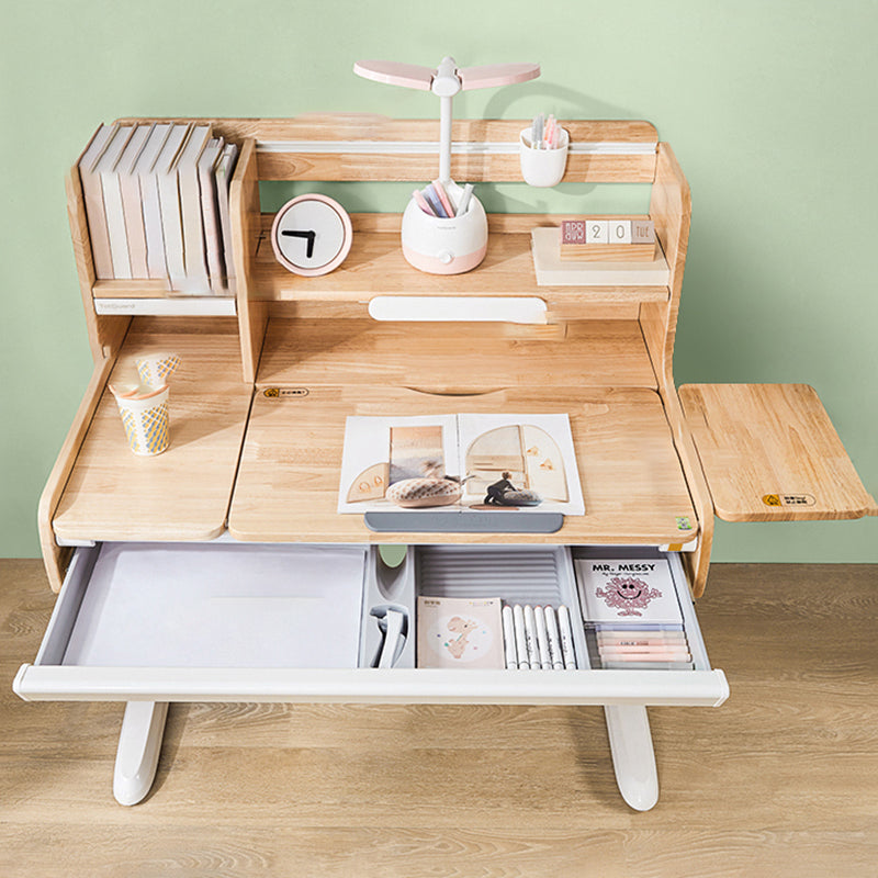 Rubber Wood Natural Adjustable Writing Table with 1 Drawer and Shelves