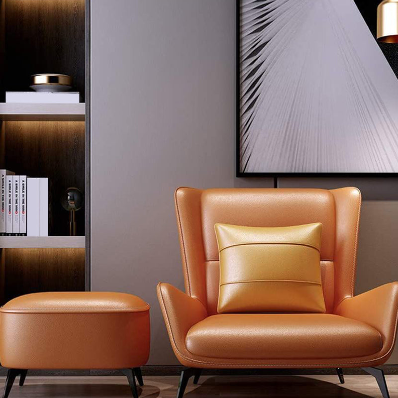 Modern Pillow Back Chair Genuine Leather Upholstered ArmChair in Orange