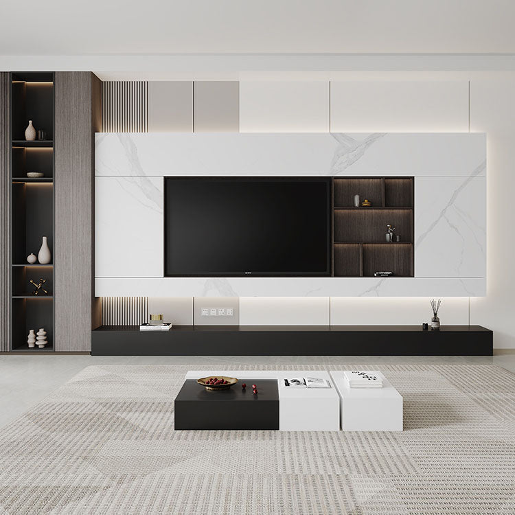 Contemporary TV Stand Console Black Stone Media Console with Drawers