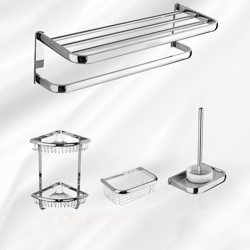 Contemporary Silver Bathroom Set with Bath Shelf and Towel Bar