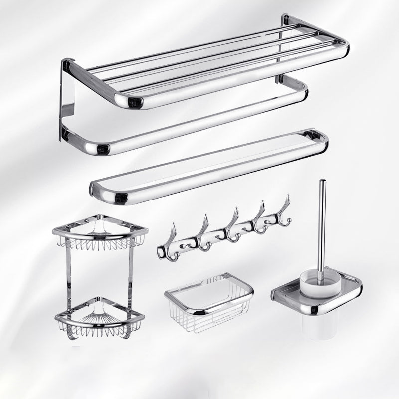 Contemporary Silver Bathroom Set with Bath Shelf and Towel Bar