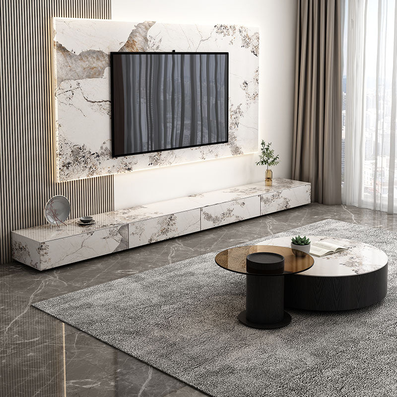 Stone TV Console Contemporary White Media Console with Drawers