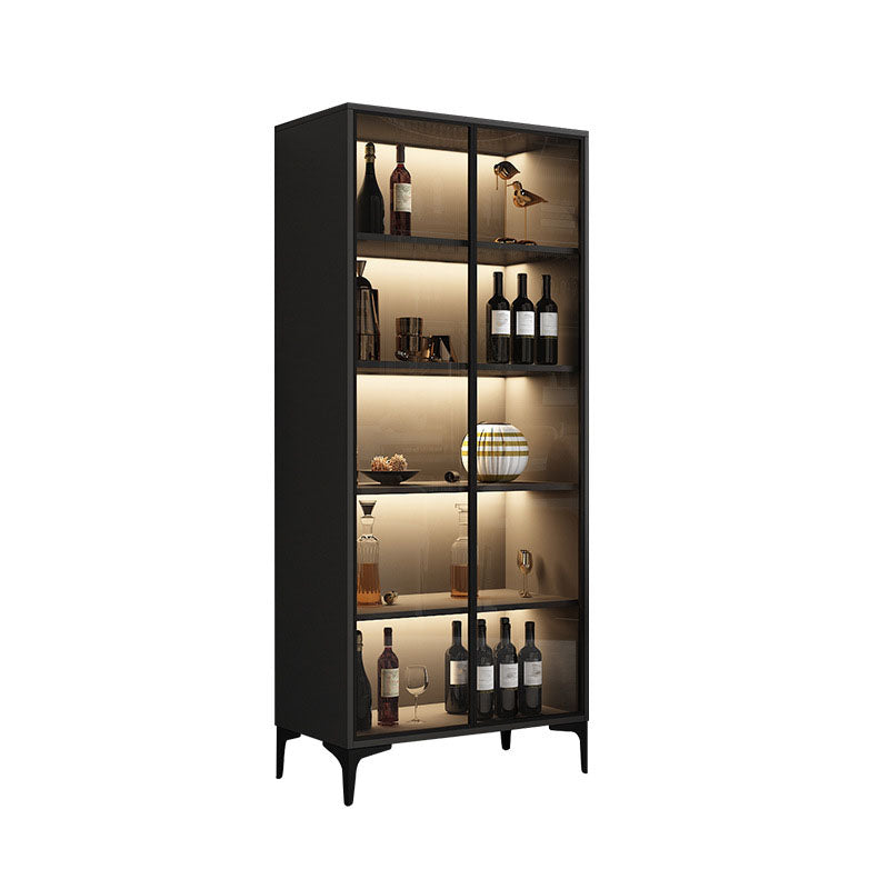 Contemporary Faux Wood Display Stand Glass Doors Storage Cabinet for Dining Room