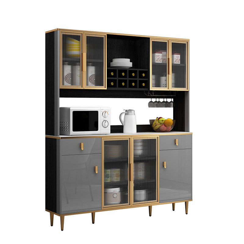 Contemporary Dining Hutch Glass Doors Faux Wood Storage Cabinet for Dining Room