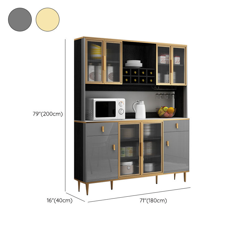 Contemporary Dining Hutch Glass Doors Faux Wood Storage Cabinet for Dining Room