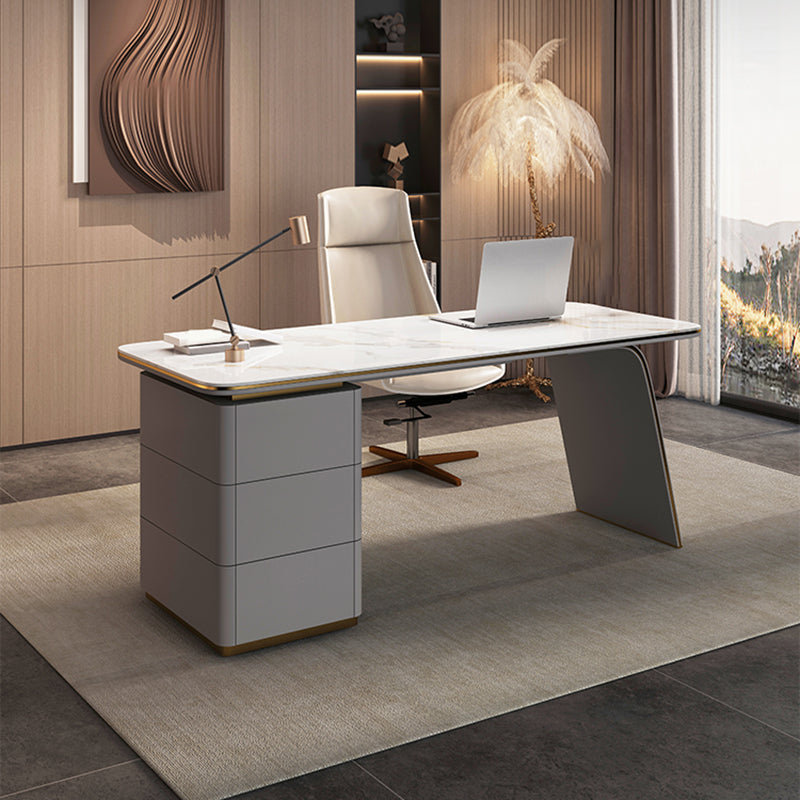 Modern Stone Office Desk Rectangular Shape Task Desk with 4-Drawers in White