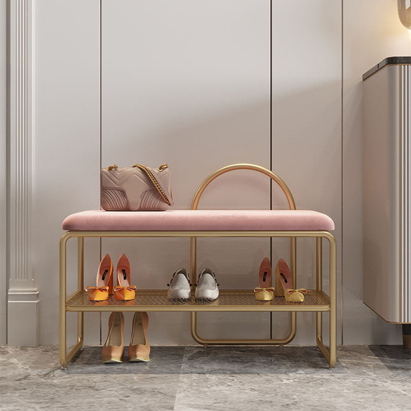 Glam Style Entryway Bench Cushioned Metal Seating Bench with Shelves