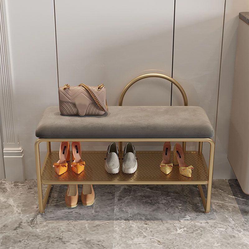 Glam Style Entryway Bench Cushioned Metal Seating Bench with Shelves