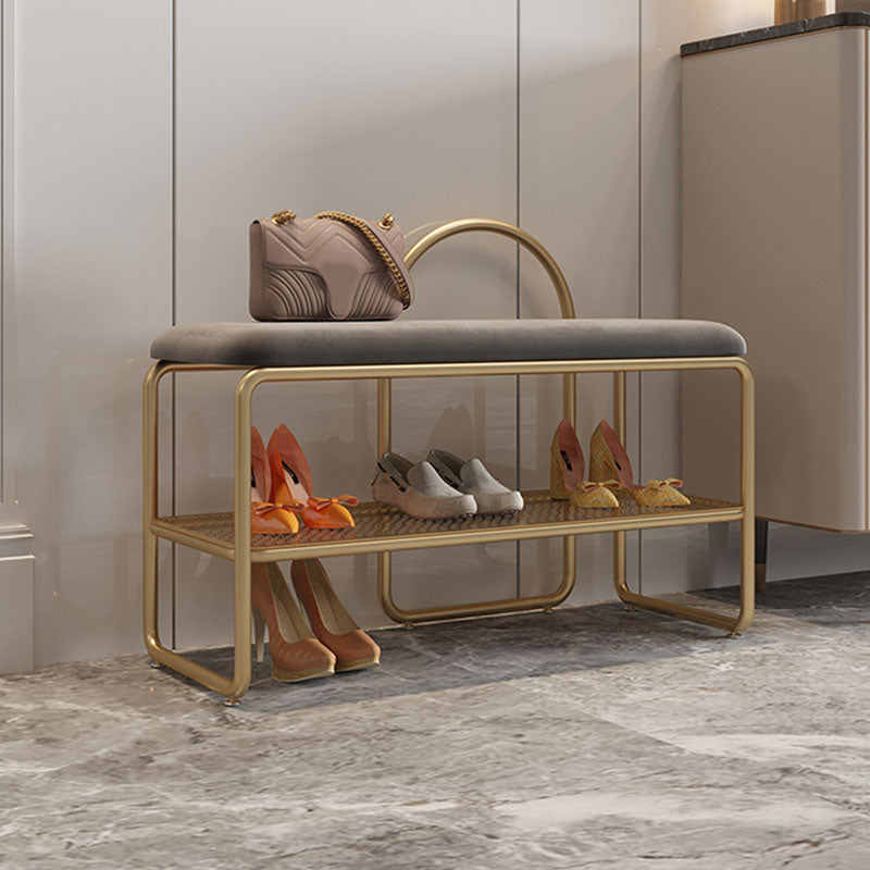 Glam Style Entryway Bench Cushioned Metal Seating Bench with Shelves