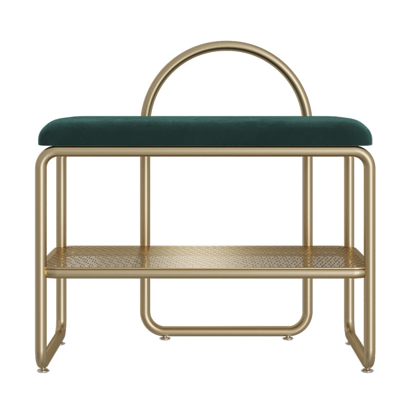 Glam Style Entryway Bench Cushioned Metal Seating Bench with Shelves