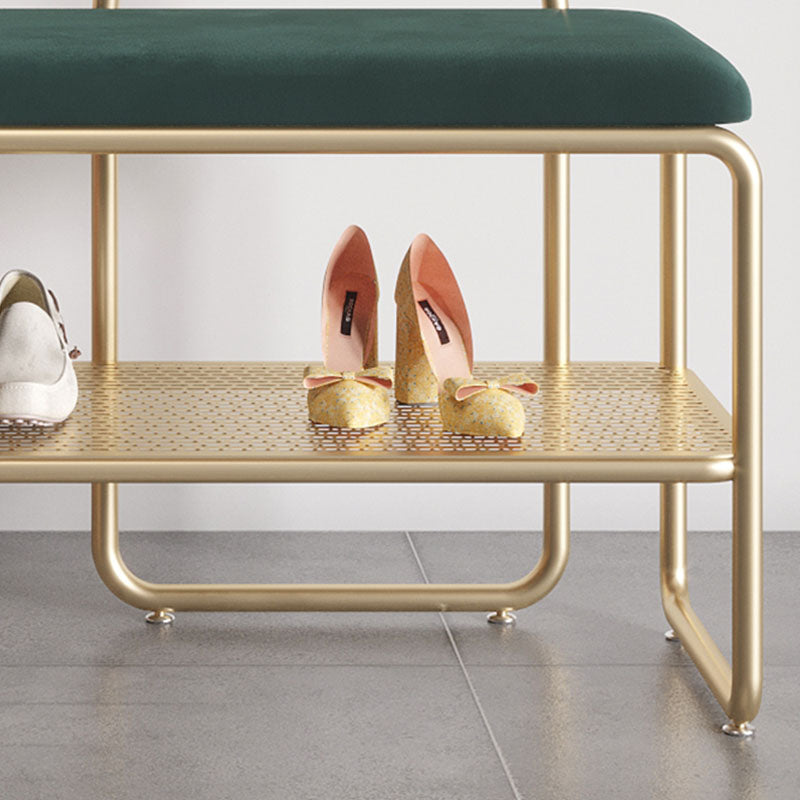 Glam Style Entryway Bench Cushioned Metal Seating Bench with Shelves