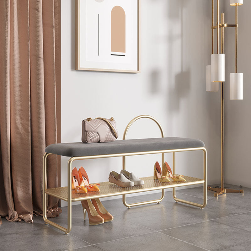 Glam Style Entryway Bench Cushioned Metal Seating Bench with Shelves