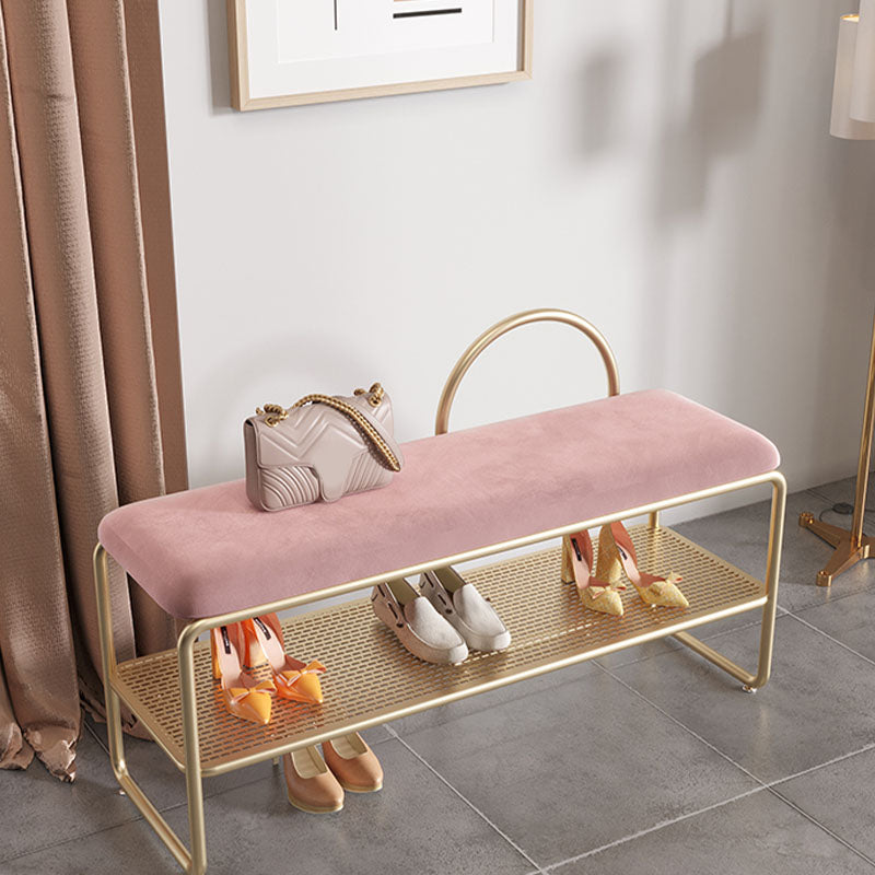 Glam Style Entryway Bench Cushioned Metal Seating Bench with Shelves