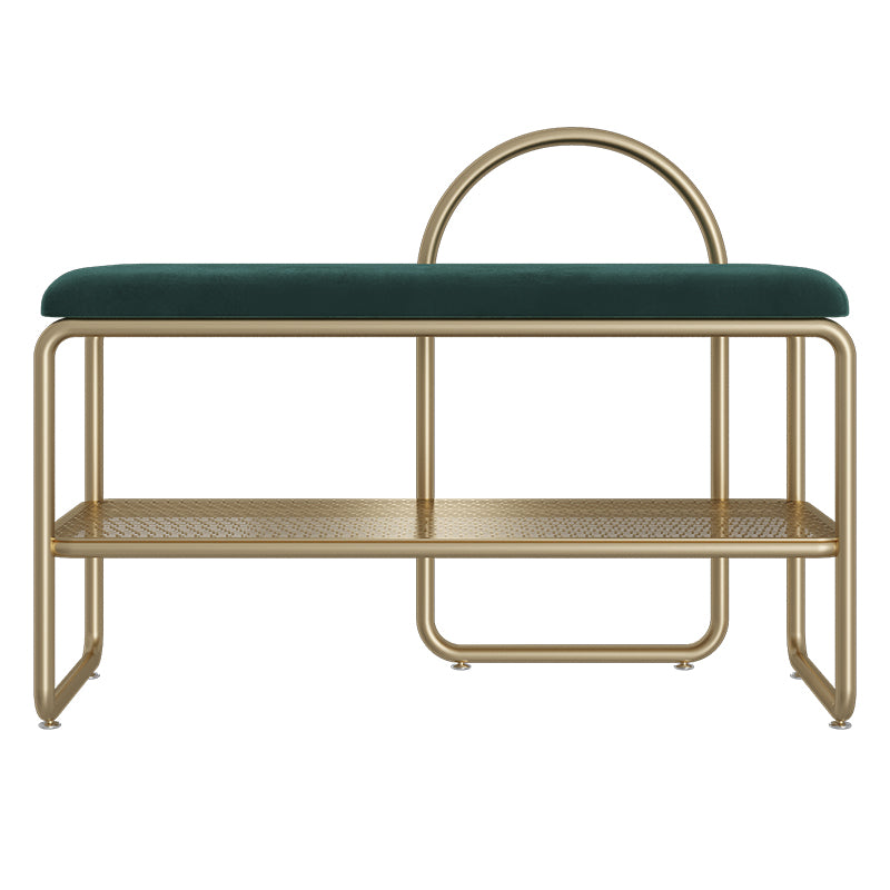 Glam Style Entryway Bench Cushioned Metal Seating Bench with Shelves